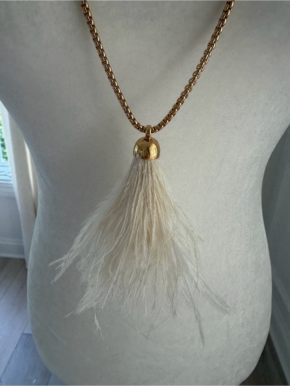 J Crew Gold Chain Necklace with Cream Ostrich Feather Tassel Pendant
